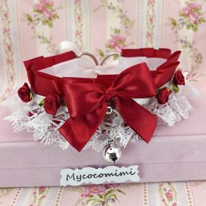 Red Kitten Play Collar | Burgundy Bow White Lace Choker | Rose Flower Bell O Ring Necklace | Kawaii Gothic Lolita Pastel Goth Gift