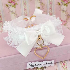 Angelic White Lace KittenPlay Collar Gold Heart Pendant, Coquette Aesthetic Ruffle Choker, Kawaii Romantic Whimsical Neckwear