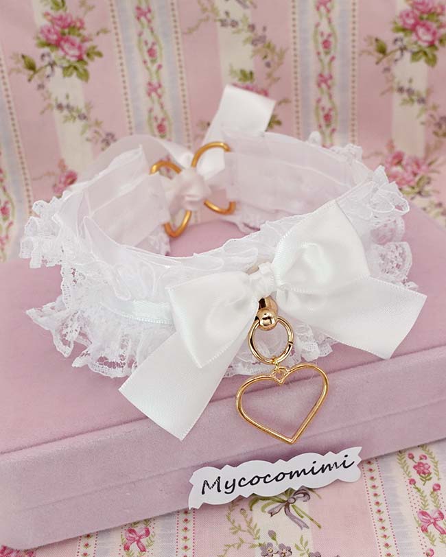 Angelic White Lace KittenPlay Collar Gold Heart Pendant, Coquette Aesthetic Ruffle Choker, Kawaii Romantic Whimsical Neckwear - Image 5