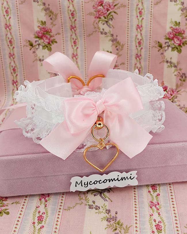 Angelic White Lace KittenPlay Collar Gold Heart Pendant, Coquette Pink Bow Ruffle Choker, Kawaii Romantic Fairycore Gift for her - Image 2