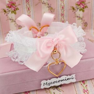 Angelic White Lace KittenPlay Collar Gold Heart Pendant, Coquette Pink Bow Ruffle Choker, Kawaii Romantic Fairycore Gift for her