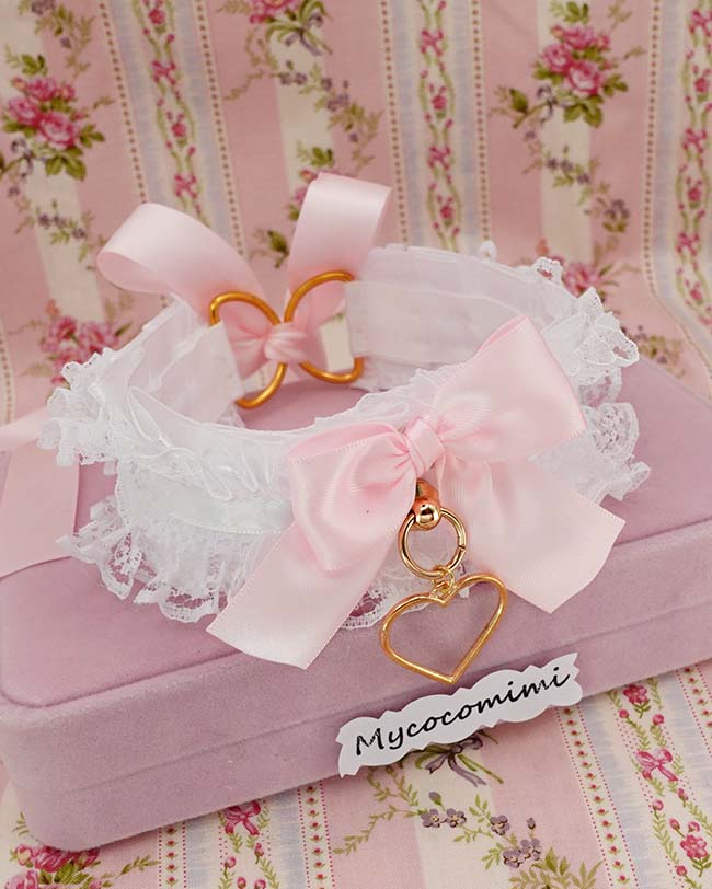 Angelic White Lace KittenPlay Collar Gold Heart Pendant, Coquette Pink Bow Ruffle Choker, Kawaii Romantic Fairycore Gift for her - Image 4