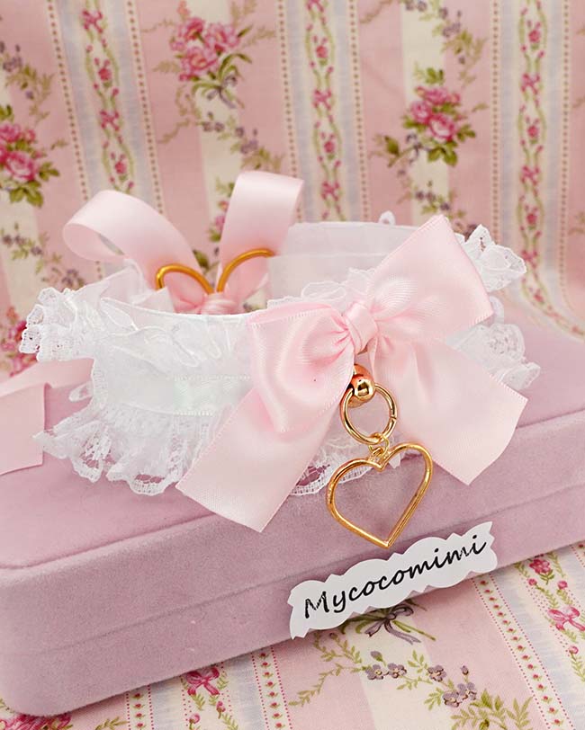 Angelic White Lace KittenPlay Collar Gold Heart Pendant, Coquette Pink Bow Ruffle Choker, Kawaii Romantic Fairycore Gift for her - Image 5