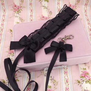Black Lace Kitten Play Leash for Adults, Cute Bow Pet Play, Ruffled Submissive DDLG Collar Leash, Gothic Lolita Role Play Accessory
