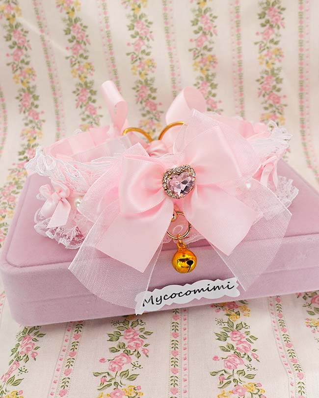 Baby Pink Kittenplay Collar, Bling Heart Bow Choker, White Lace Ruffle Collar, Fairycore Princess Pet Play Jewelry, Kawaii Coquette Gift - Image 3