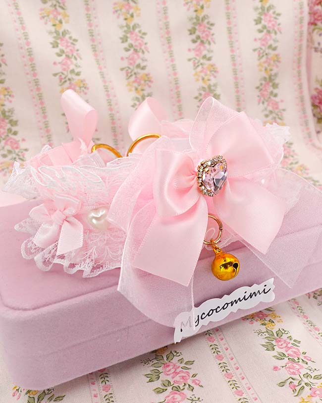 Baby Pink Kittenplay Collar, Bling Heart Bow Choker, White Lace Ruffle Collar, Fairycore Princess Pet Play Jewelry, Kawaii Coquette Gift - Image 4