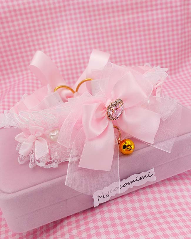Baby Pink Kittenplay Collar, Bling Heart Bow Choker, White Lace Ruffle Collar, Fairycore Princess Pet Play Jewelry, Kawaii Coquette Gift - Image 5