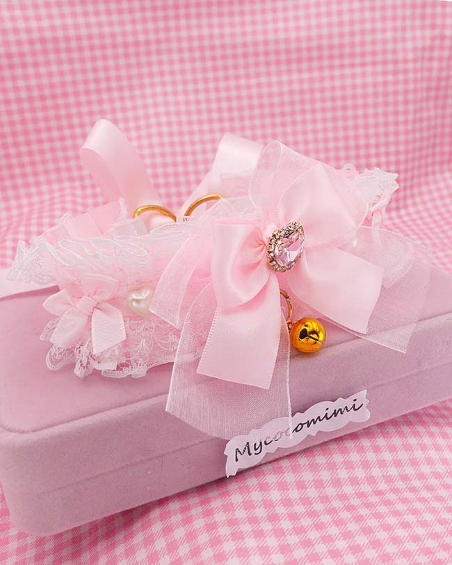 Baby Pink Kittenplay Collar, Bling Heart Bow Choker, White Lace Ruffle Collar, Fairycore Princess Pet Play Jewelry, Kawaii Coquette Gift