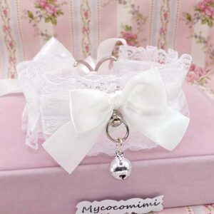 Angelic White Lace Kittenplay Collar, Bow Choker with a bell, kawaii Kitten Play Neko Accessories