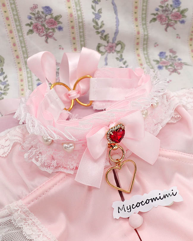 Pink Bow Kittenplay Collar, Red Heart Rhinestone Choker, Princess Core Kawaii Jewelry, Lace Ruffle Pet Play Gear, Cosplay Sub Necklace - Image 4
