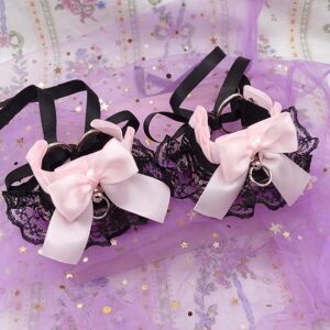 Pink Bow Kitten Play Cuffs, Black Lace Wrist Cuffs Set, Pastel Goth Kawaii Pet Play Gear, DDLG Accessories, Cute Anime Cosplay Bracelets