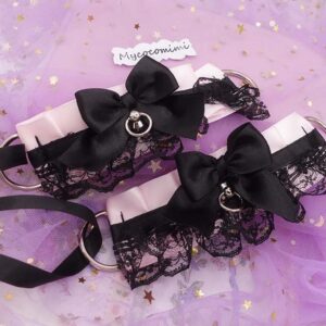 Pink KittenPlay Cuffs, Black Bow Lace Wrist Cuffs Set, Pastel Goth Kawaii Pet Play Gear, DDLG Accessories, Cute Anime Cosplay Bracelets