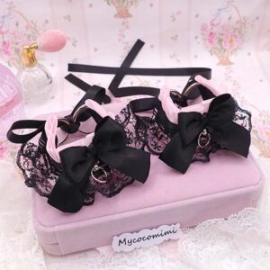 Pink KittenPlay Cuffs, Black Bow Lace Wrist Cuffs Set, Pastel Goth Kawaii Pet Play Gear, DDLG Accessories, Cute Anime Cosplay Bracelets