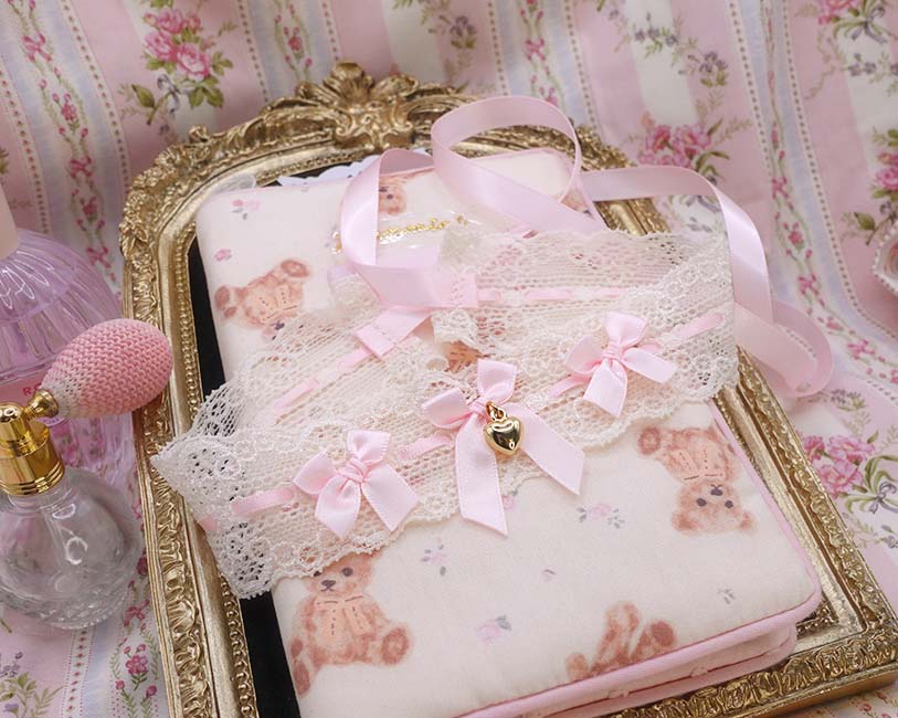 Coquette Beige Lace Choker Necklace,Little Gold Heart Pink bow collar tie closure, Soft Girl Jewellery Fairycore Choker, Kawaii Core - Image 3
