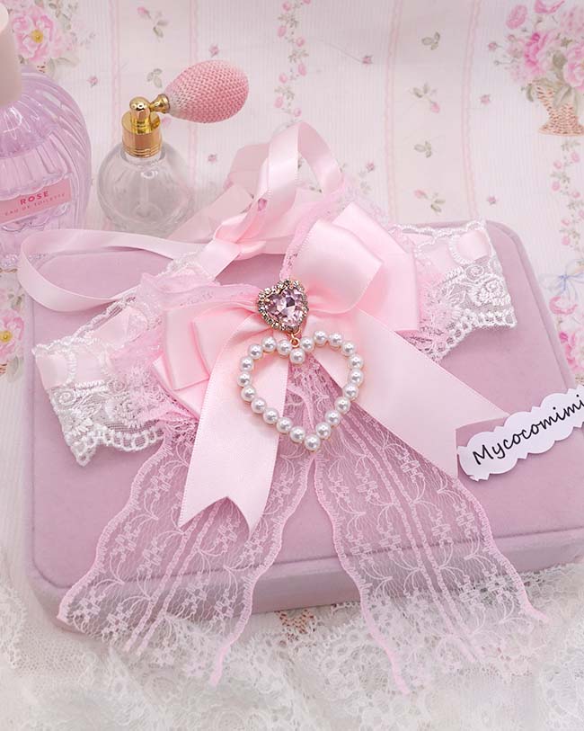 Coquette Pink Bow Choker, White Floral Lace Necklace, Pearl Heart Charm Rhinestone Collar, Big Bow Anime Princess Core Jewelry, Soft Girl - Image 2