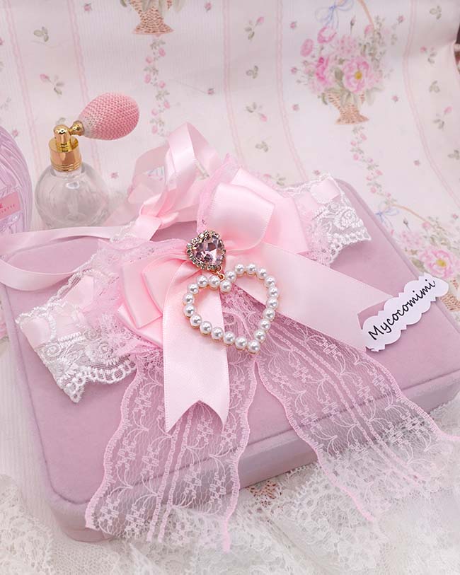 Coquette Pink Bow Choker, White Floral Lace Necklace, Pearl Heart Charm Rhinestone Collar, Big Bow Anime Princess Core Jewelry, Soft Girl - Image 3