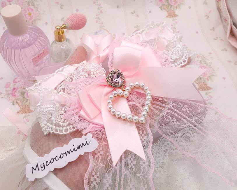 Coquette Pink Bow Choker, White Floral Lace Necklace, Pearl Heart Charm Rhinestone Collar, Big Bow Anime Princess Core Jewelry, Soft Girl - Image 4