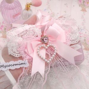 Coquette Pink Bow Choker, White Floral Lace Necklace, Pearl Heart Charm Rhinestone Collar, Big Bow Anime Princess Core Jewelry, Soft Girl