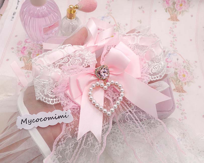 Coquette Pink Bow Choker, White Floral Lace Necklace, Pearl Heart Charm Rhinestone Collar, Big Bow Anime Princess Core Jewelry, Soft Girl