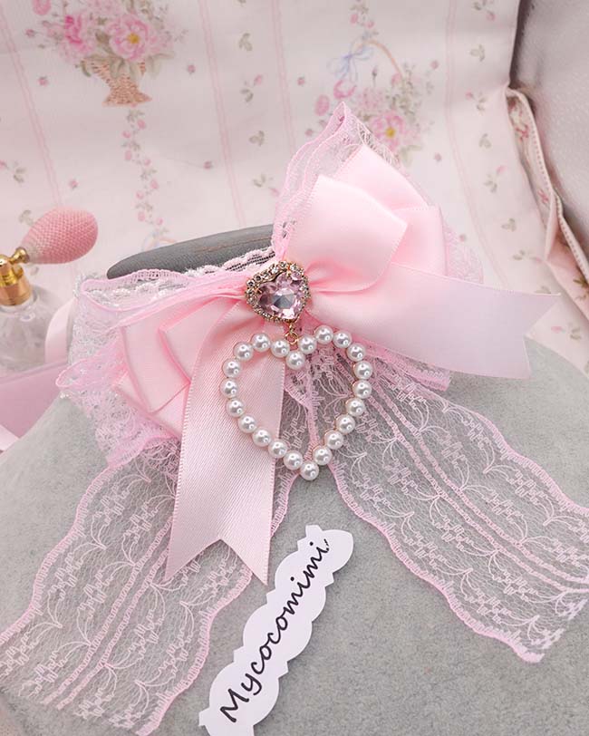Coquette Pink Bow Choker, White Floral Lace Necklace, Pearl Heart Charm Rhinestone Collar, Big Bow Anime Princess Core Jewelry, Soft Girl - Image 6