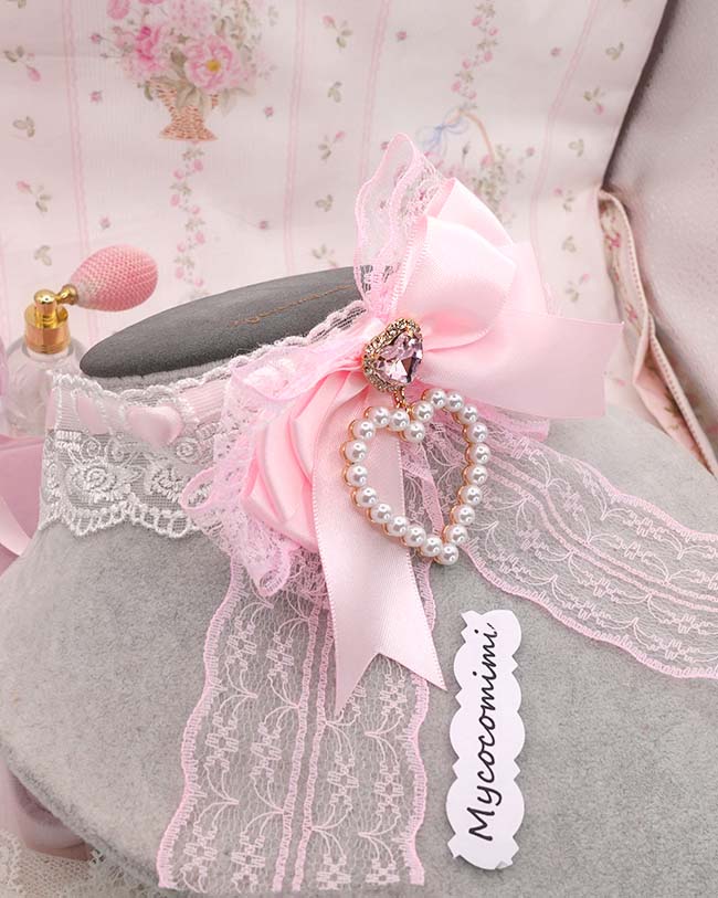 Coquette Pink Bow Choker, White Floral Lace Necklace, Pearl Heart Charm Rhinestone Collar, Big Bow Anime Princess Core Jewelry, Soft Girl - Image 7