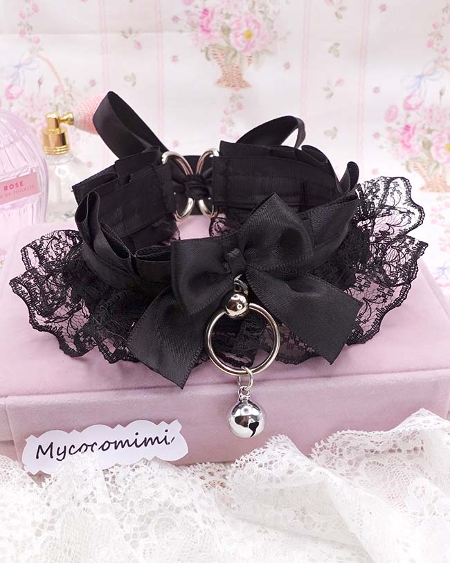 Black Lace Kittenplay Collar, Bow Big O Ring Bell Kitten Pet Play Gear, Kawaii Goth Anime Jewellery, Sub Cute Alternative Choker - Image 3