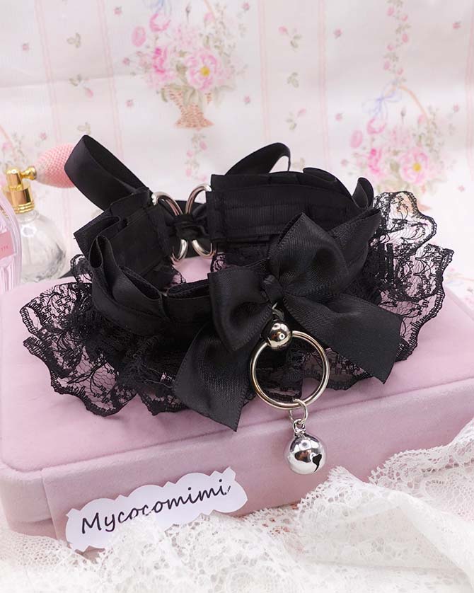 Black Lace Kittenplay Collar, Bow Big O Ring Bell Kitten Pet Play Gear, Kawaii Goth Anime Jewellery, Sub Cute Alternative Choker - Image 4
