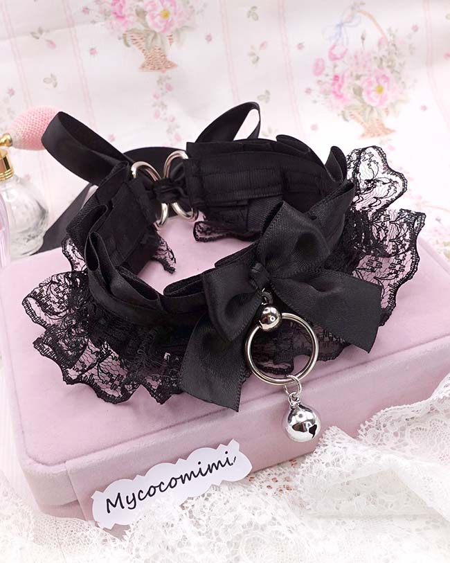 Black Lace Kittenplay Collar, Bow Big O Ring Bell Kitten Pet Play Gear, Kawaii Goth Anime Jewellery, Sub Cute Alternative Choker - Image 5