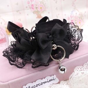Black Lace Kittenplay Collar, Bow Big O Ring Bell Kitten Pet Play Gear, Kawaii Goth Anime Jewellery, Sub Cute Alternative Choker