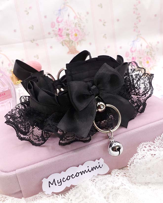 Black Lace Kittenplay Collar, Bow Big O Ring Bell Kitten Pet Play Gear, Kawaii Goth Anime Jewellery, Sub Cute Alternative Choker