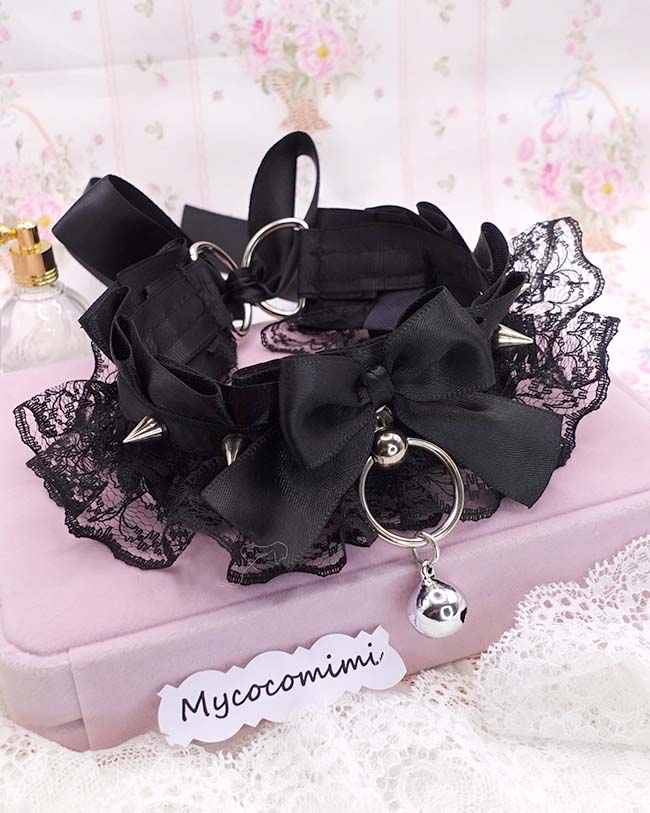 Black Lace Spiked Kittenplay Collar, Bow Big O-Ring Choker with Bell, Kawaii Goth Pet Play Gear, Sub Anime Necklace, Alternative Jewelry - Image 2