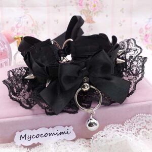 Black Lace Spiked Kittenplay Collar, Bow Big O-Ring Choker with Bell, Kawaii Goth Pet Play Gear, Sub Anime Necklace, Alternative Jewelry