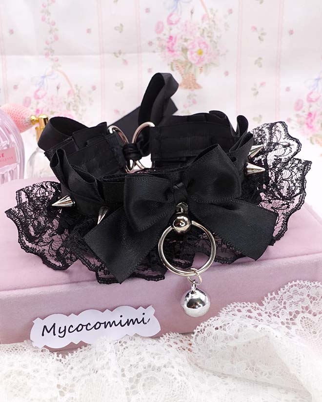 Black Lace Spiked Kittenplay Collar, Bow Big O-Ring Choker with Bell, Kawaii Goth Pet Play Gear, Sub Anime Necklace, Alternative Jewelry