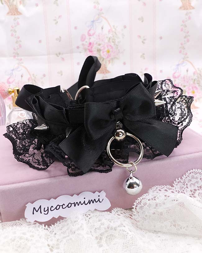 Black Lace Spiked Kittenplay Collar, Bow Big O-Ring Choker with Bell, Kawaii Goth Pet Play Gear, Sub Anime Necklace, Alternative Jewelry - Image 4