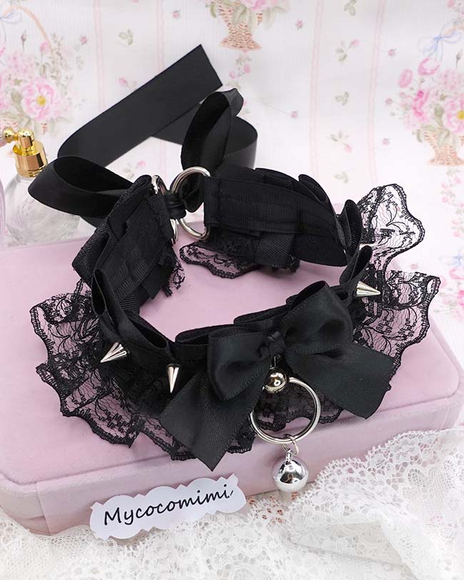Black Lace Spiked Kittenplay Collar, Bow Big O-Ring Choker with Bell, Kawaii Goth Pet Play Gear, Sub Anime Necklace, Alternative Jewelry - Image 5