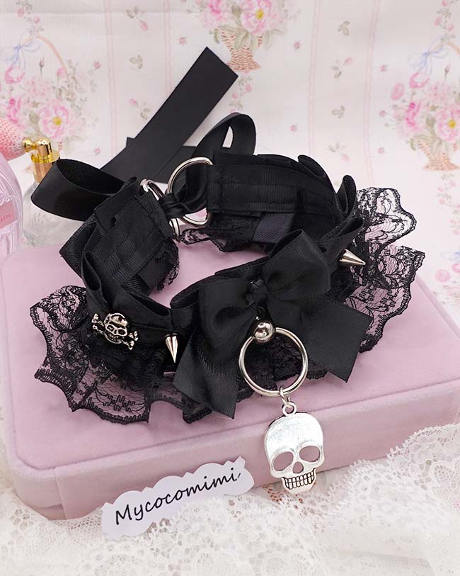 Skull Black Kittenplay Collar, Black Lace Pet Play Gear, Spiked Dark Goth Choker, Big O-Ring Alternative Jewellery, Spooky Sub Collar Emo - Image 6
