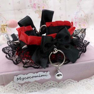 Spiked Kitten Play Collar Red Black Lace, Gothic Choker with Bell, BDSM Kittenplay Collar, Vampire Emo Jewelry, Big O Ring Gift for Her
