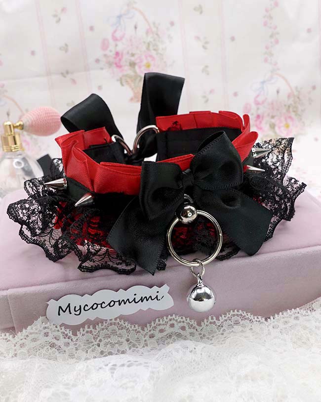 Spiked Kitten Play Collar Red Black Lace, Gothic Choker with Bell, BDSM Kittenplay Collar, Vampire Emo Jewelry, Big O Ring Gift for Her