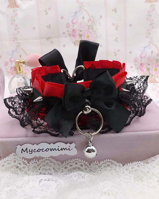 Spiked Kitten Play Collar Red Black Lace, Gothic Choker with Bell, BDSM Kittenplay Collar, Vampire Emo Jewelry, Big O Ring Gift for Her - Image 3