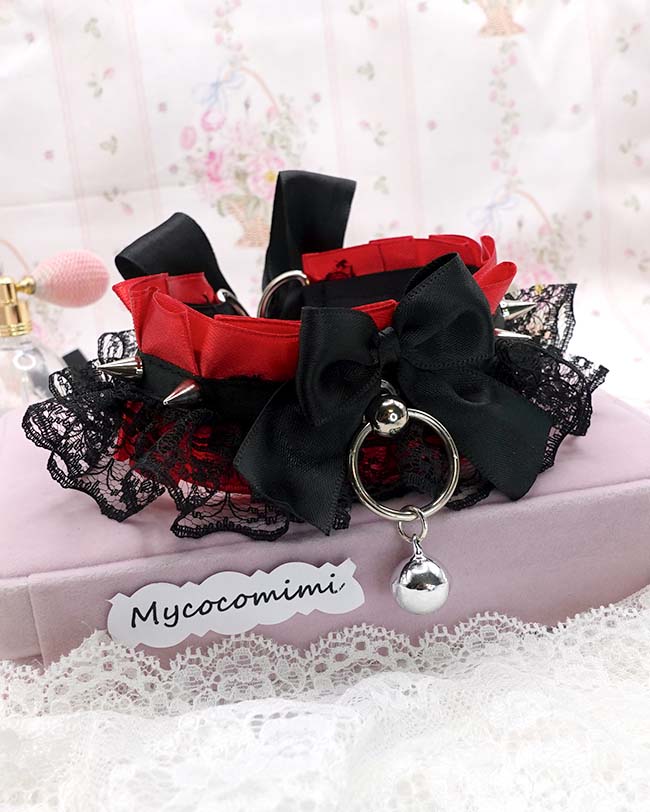 Spiked Kitten Play Collar Red Black Lace, Gothic Choker with Bell, BDSM Kittenplay Collar, Vampire Emo Jewelry, Big O Ring Gift for Her - Image 4
