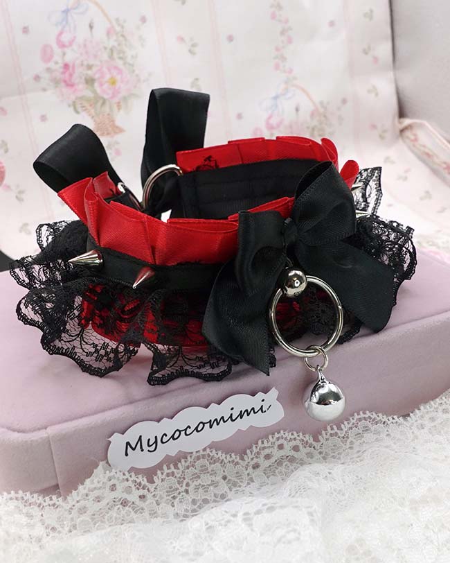 Spiked Kitten Play Collar Red Black Lace, Gothic Choker with Bell, BDSM Kittenplay Collar, Vampire Emo Jewelry, Big O Ring Gift for Her - Image 5