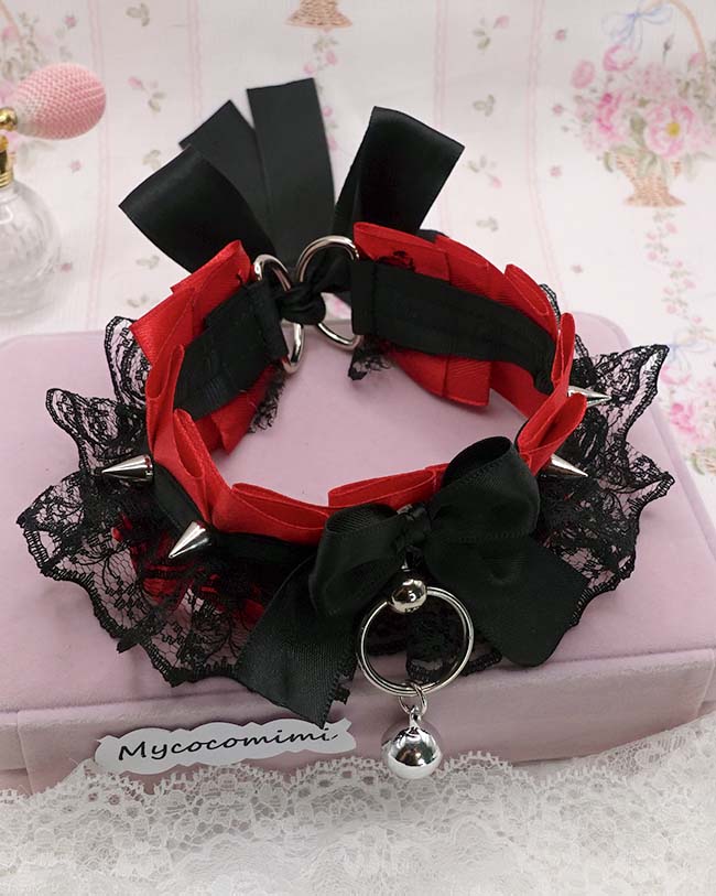 Spiked Kitten Play Collar Red Black Lace, Gothic Choker with Bell, BDSM Kittenplay Collar, Vampire Emo Jewelry, Big O Ring Gift for Her - Image 6