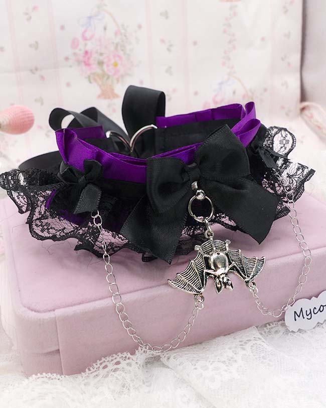 Purple Bat Goth Choker | Black Lace Kittenplay Collar with Chain | Vampire Alternative Pet Kitten Play Necklace | Statement Emo Jewelry - Image 4