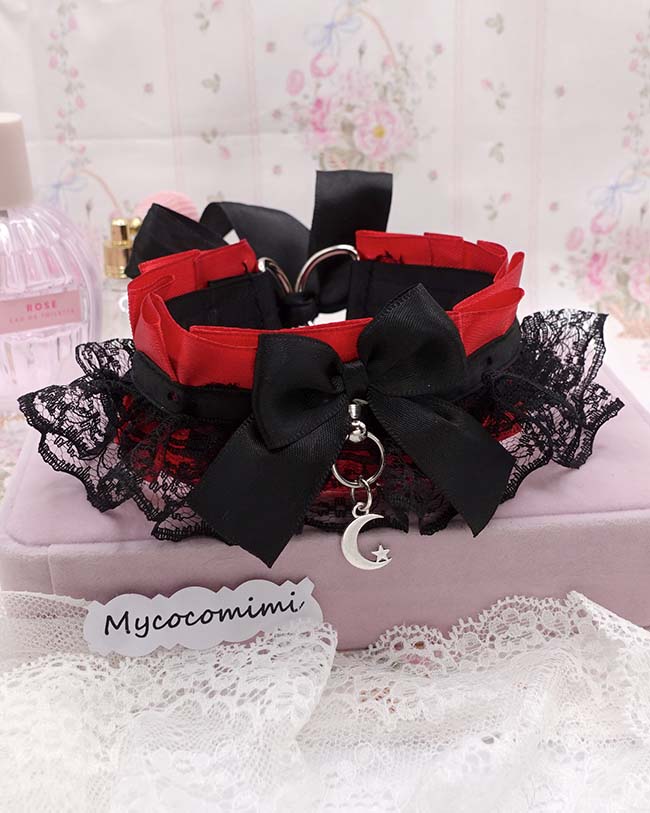 Crescent Moon Kitten Play Collar, Red Black Lace Gothic Choker, BDSM Kittenplay Vampire Emo Jewelry Gift for Her - Image 2