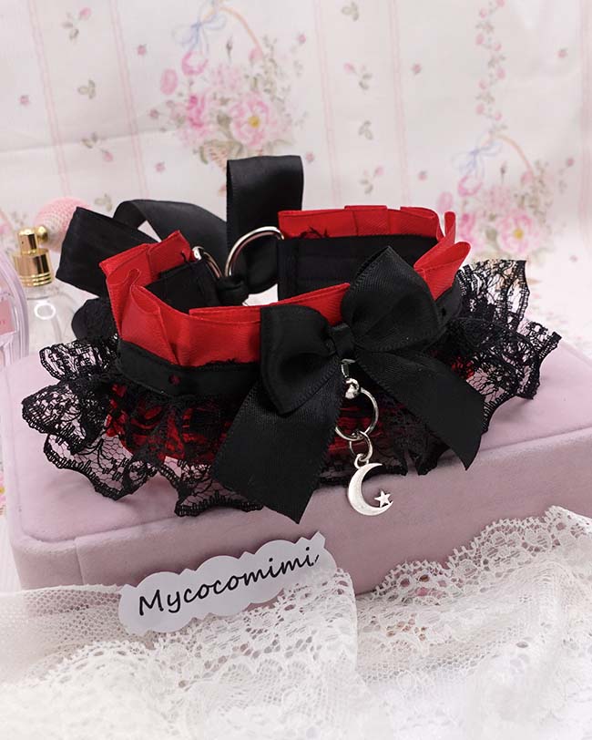 Crescent Moon Kitten Play Collar, Red Black Lace Gothic Choker, BDSM Kittenplay Vampire Emo Jewelry Gift for Her - Image 3