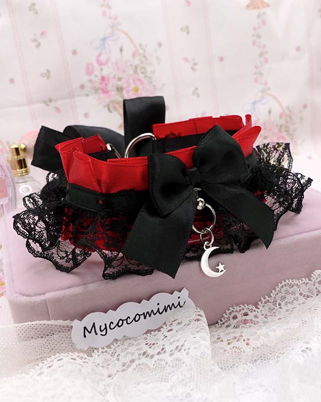 Crescent Moon Kitten Play Collar, Red Black Lace Gothic Choker, BDSM Kittenplay Vampire Emo Jewelry Gift for Her - Image 4