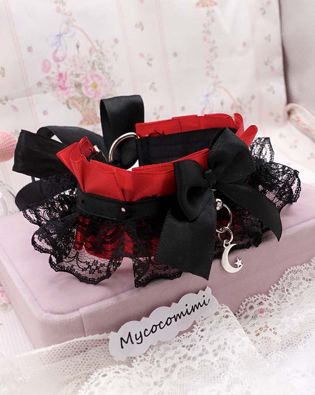 Crescent Moon Kitten Play Collar, Red Black Lace Gothic Choker, BDSM Kittenplay Vampire Emo Jewelry Gift for Her - Image 5