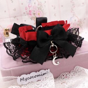 Crescent Moon Kitten Play Collar, Red Black Lace Gothic Choker, BDSM Kittenplay Vampire Emo Jewelry Gift for Her