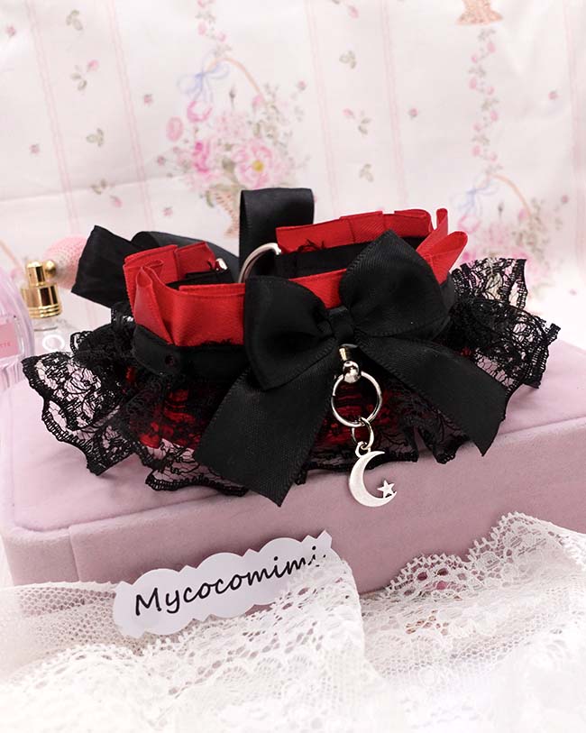 Crescent Moon Kitten Play Collar, Red Black Lace Gothic Choker, BDSM Kittenplay Vampire Emo Jewelry Gift for Her
