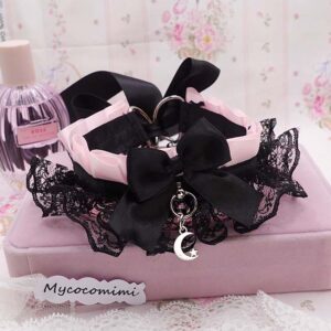 Pink KittenPlay Collar Crescent Moon Black Lace Choker | Kawaii Goth Neko Kitten Pet Play Day Collar | Emo Alternative Jewelry